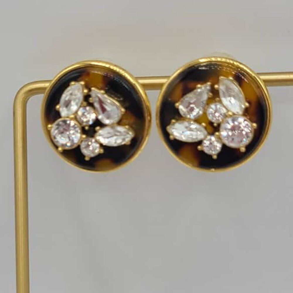 rJ Crew Gold Tone Tortoise Crystal Round Stud Earrings Like New